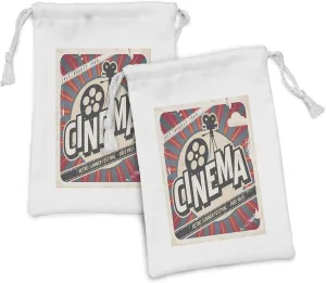 Ambesonne Vintage Fabric Pouch Set of 2, Retro Cinema Movie Vintage Paper Texture Hollywood Stars Theme Image Print, Small Drawstring Bag for Toiletries Masks and Favors, 9" x 6", Brown Ecru Grey