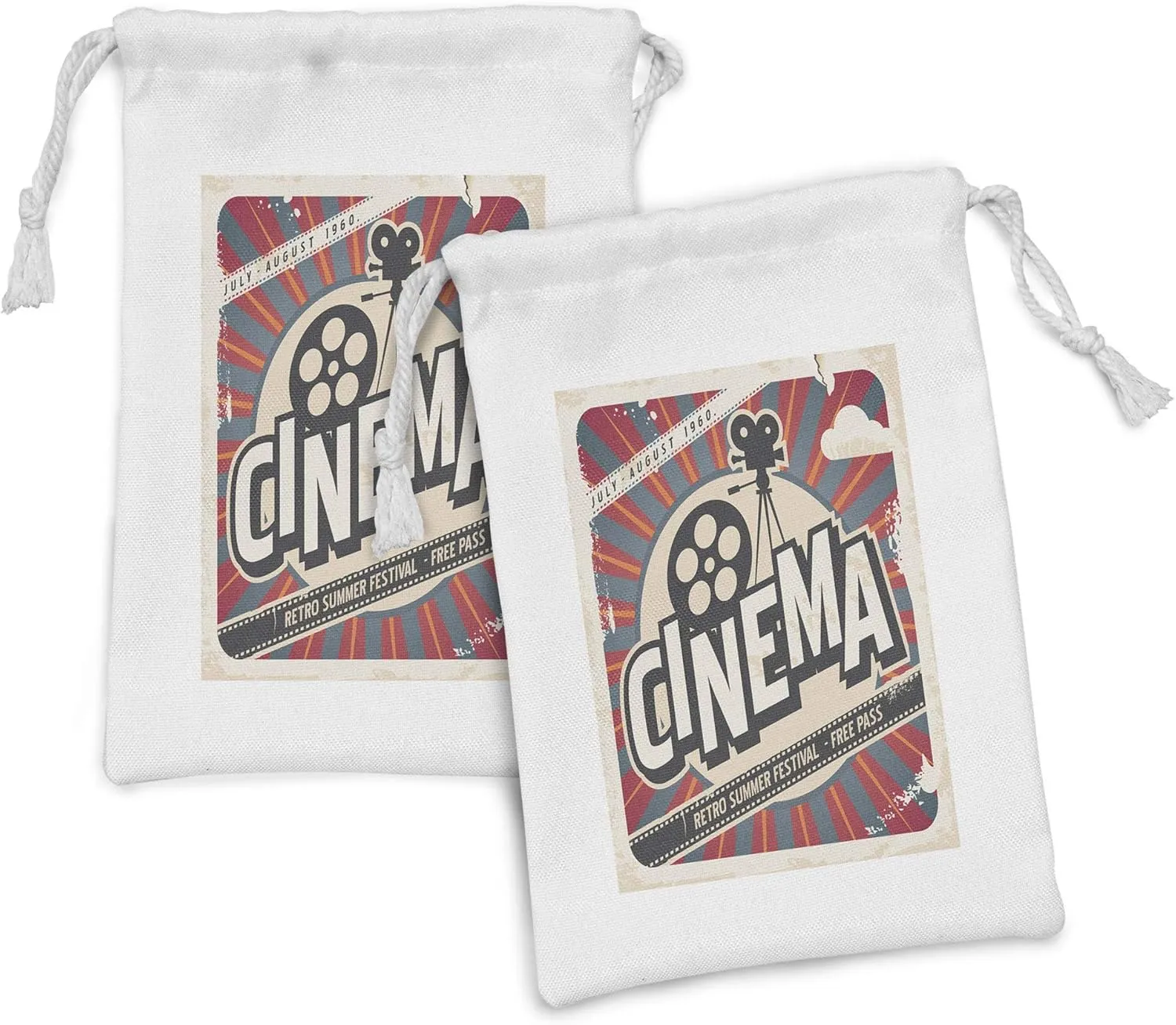 Ambesonne Vintage Fabric Pouch Set of 2, Retro Cinema Movie Vintage Paper Texture Hollywood Stars Theme Image Print, Small Drawstring Bag for Toiletries Masks and Favors, 9" x 6", Brown Ecru Grey