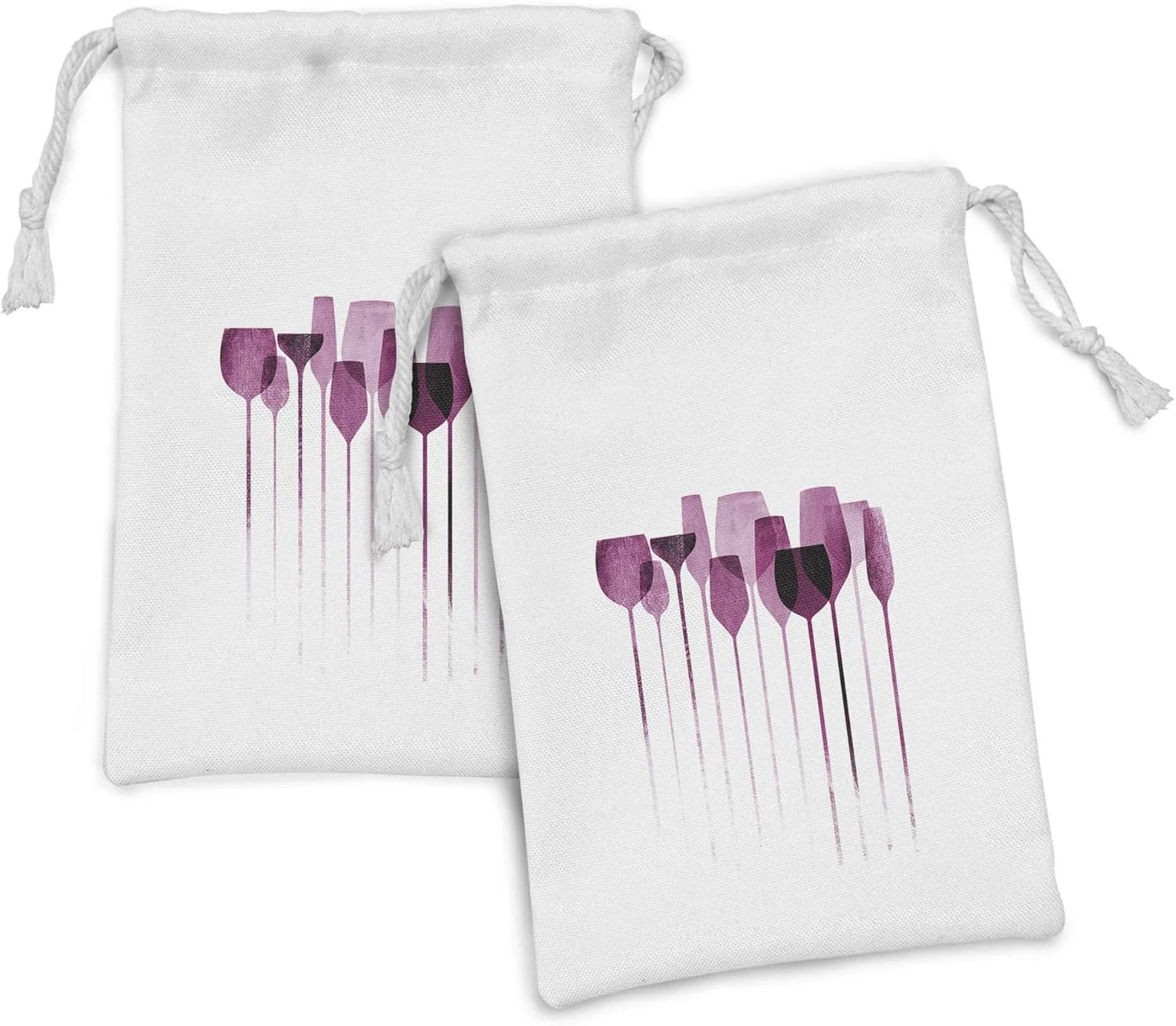 Ambesonne Wine Fabric Pouch Set of 2, Conceptual Collage Artwork with Paper Textured Party Glasses Alcohol Drink Print, Small Drawstring Bag for Toiletries Masks and Favors, 9" x 6", Fuchsia Purple