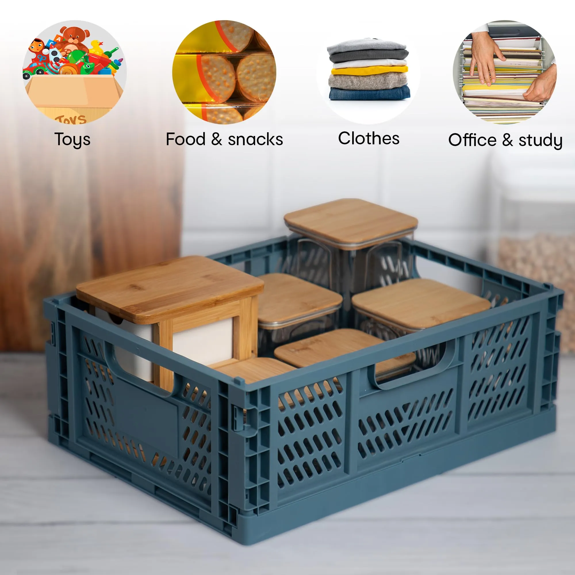 Anko Multipurpose Plastic Storage Collapsible Crate | Foldable Stackable Closet Organizer drawer for Kitchen, Bedroom, Bathroom, Kids Room, Wardrobe, Almirah | 3kg capacity, Blue, 40 x 30 x 15cm
