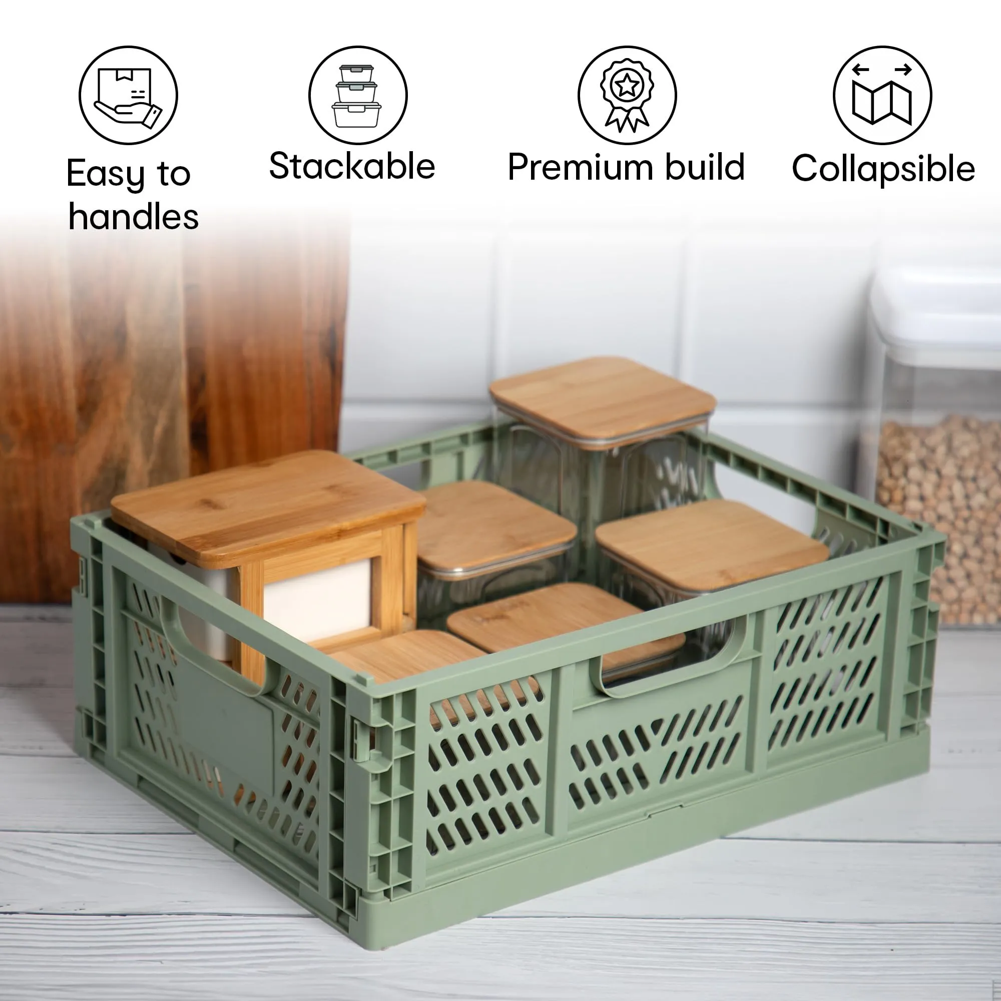 Anko Multipurpose Plastic Storage Collapsible Crate | Foldable Stackable Closet Organizer drawer for Kitchen, Bedroom, Bathroom, Kids Room, Wardrobe, Almirah | 3kg capacity, Green, 40 x 30 x 15cm