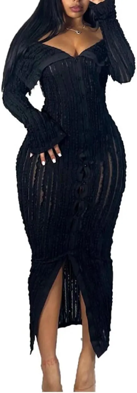 Aro Lora Womens Sexy Off Shoulder See Through Pleated Button Down Slit Bodycon Maxi Dress