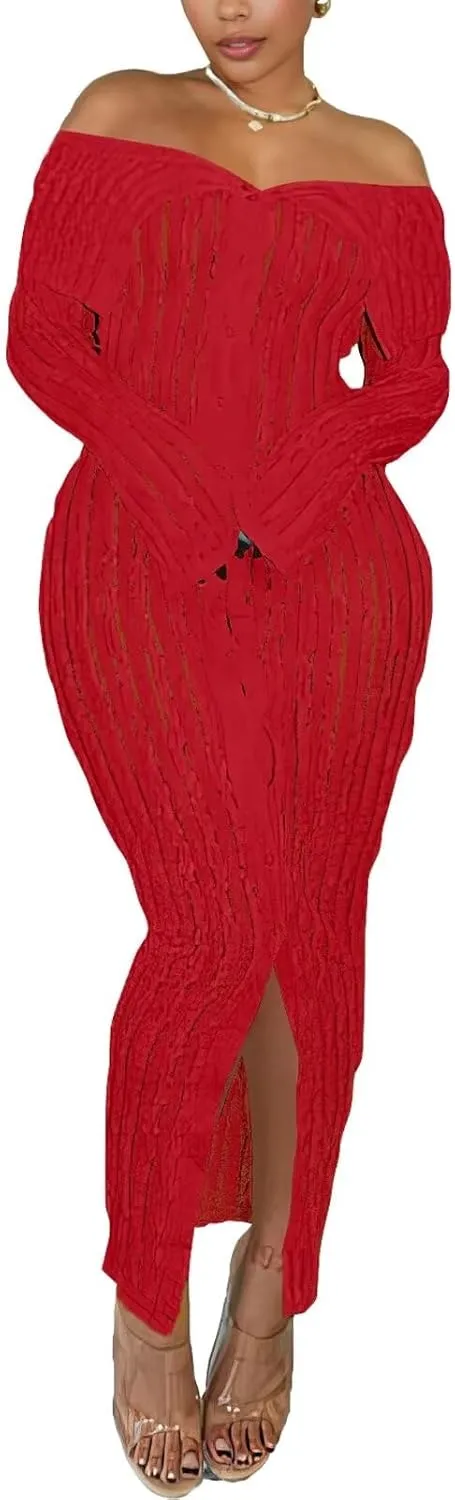 Aro Lora Womens Sexy Off Shoulder See Through Pleated Button Down Slit Bodycon Maxi Dress