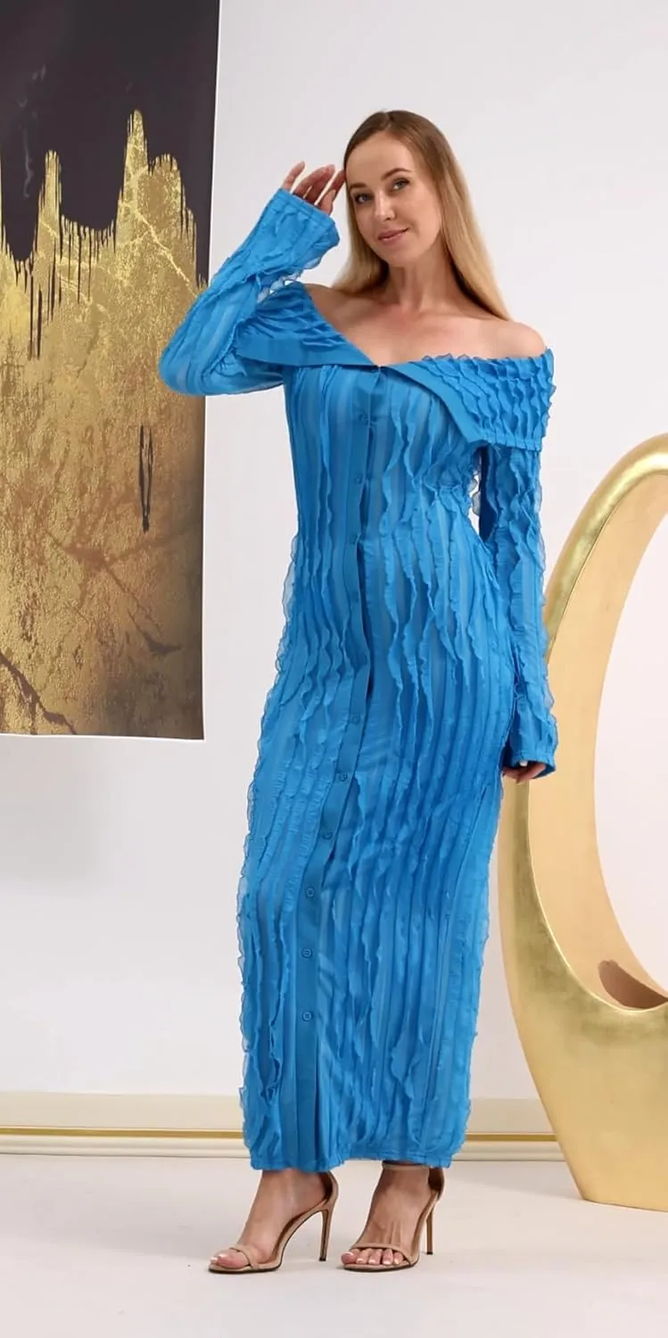 Aro Lora Womens Sexy Off Shoulder See Through Pleated Button Down Slit Bodycon Maxi Dress