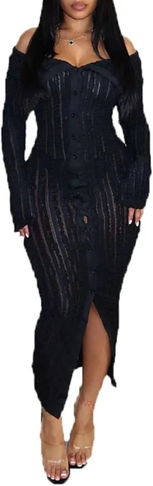 Aro Lora Womens Sexy Off Shoulder See Through Pleated Button Down Slit Bodycon Maxi Dress