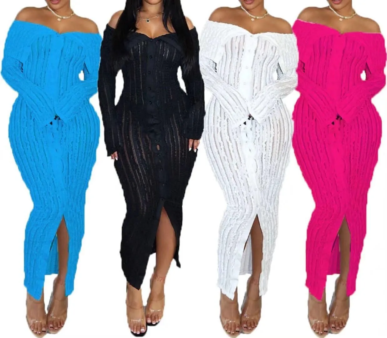 Aro Lora Womens Sexy Off Shoulder See Through Pleated Button Down Slit Bodycon Maxi Dress