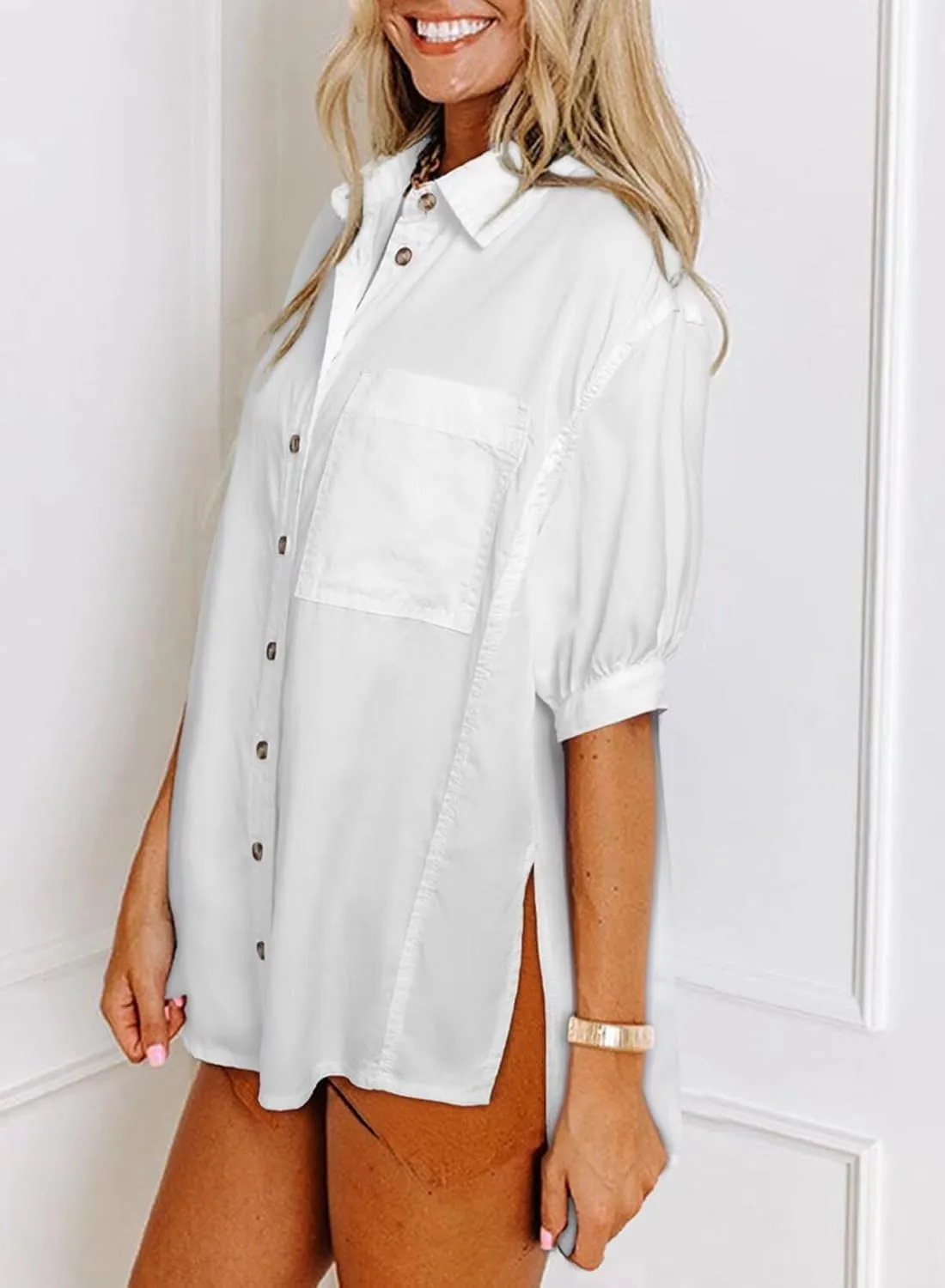 Astylish Women 2025 Denim Shirt Summer Oversized Short Sleeve V Neck Button Down Chambray Blouse Top with Pocket