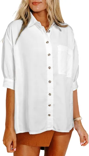 Astylish Women 2025 Denim Shirt Summer Oversized Short Sleeve V Neck Button Down Chambray Blouse Top with Pocket