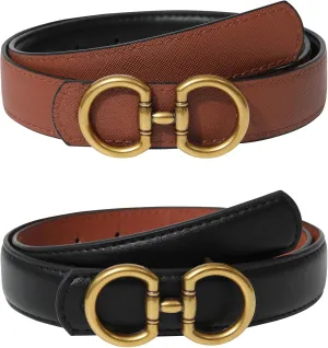 AWAYTR Reversible Belt for Women - Two-in-One Women Fashion Leather Belt for Jeans with Golden Buckle
