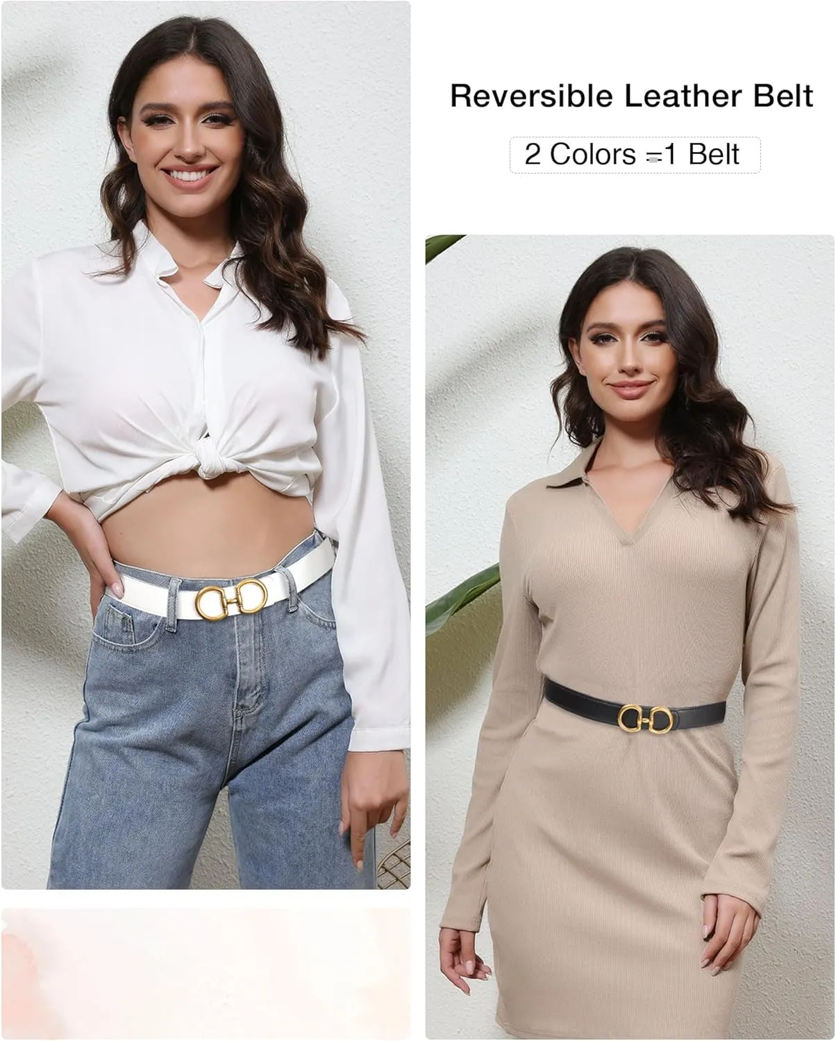 AWAYTR Reversible Belt for Women - Two-in-One Women Fashion Leather Belt for Jeans with Golden Buckle