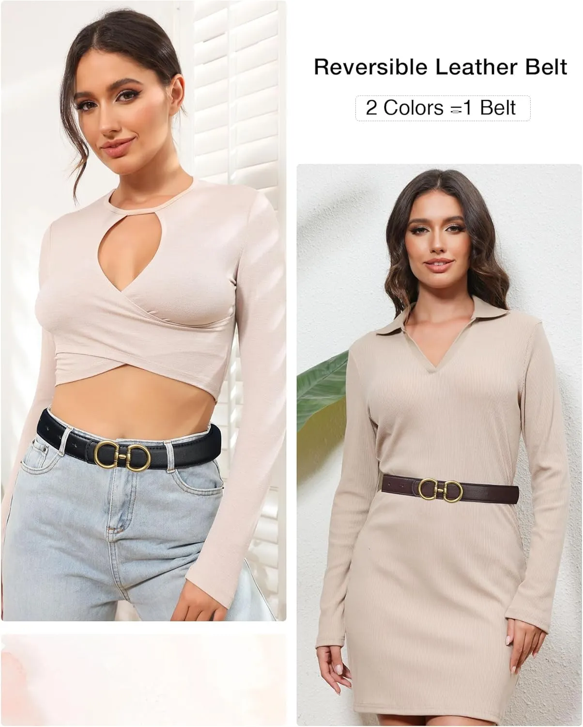 AWAYTR Reversible Belt for Women - Two-in-One Women Fashion Leather Belt for Jeans with Golden Buckle
