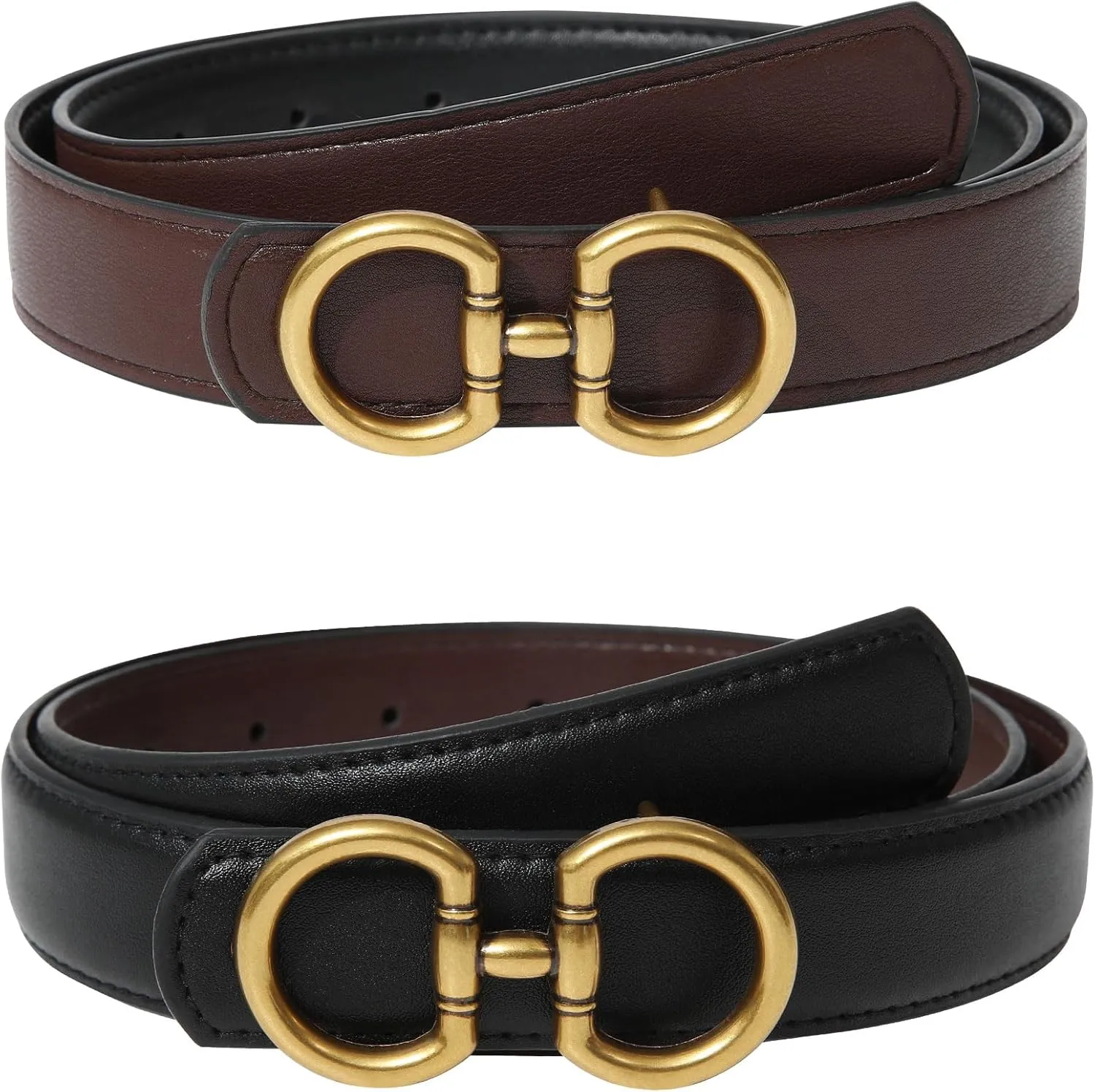 AWAYTR Reversible Belt for Women - Two-in-One Women Fashion Leather Belt for Jeans with Golden Buckle