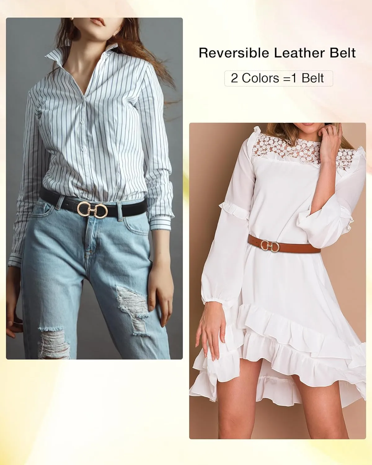 AWAYTR Reversible Belt for Women - Two-in-One Women Fashion Leather Belt for Jeans with Golden Buckle