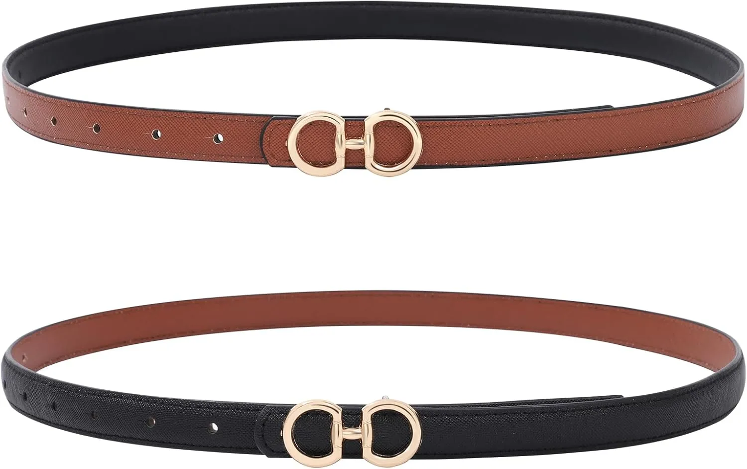AWAYTR Womens Reversible Thin Belt - Skinny Waist Leather Belt for Ladies with Gold Buckle for Jeans Dress