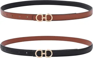 AWAYTR Womens Reversible Thin Belt - Skinny Waist Leather Belt for Ladies with Gold Buckle for Jeans Dress