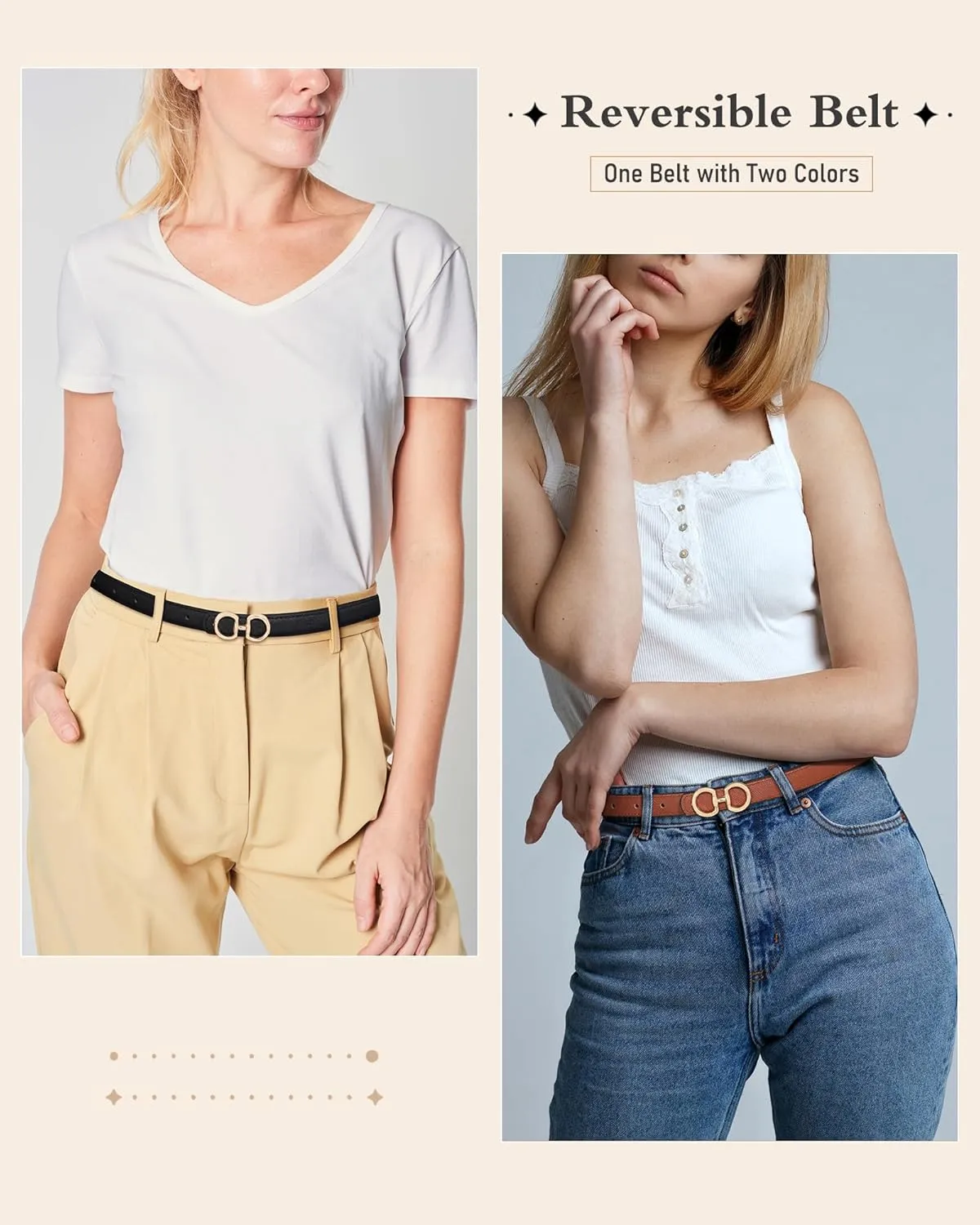 AWAYTR Womens Reversible Thin Belt - Skinny Waist Leather Belt for Ladies with Gold Buckle for Jeans Dress