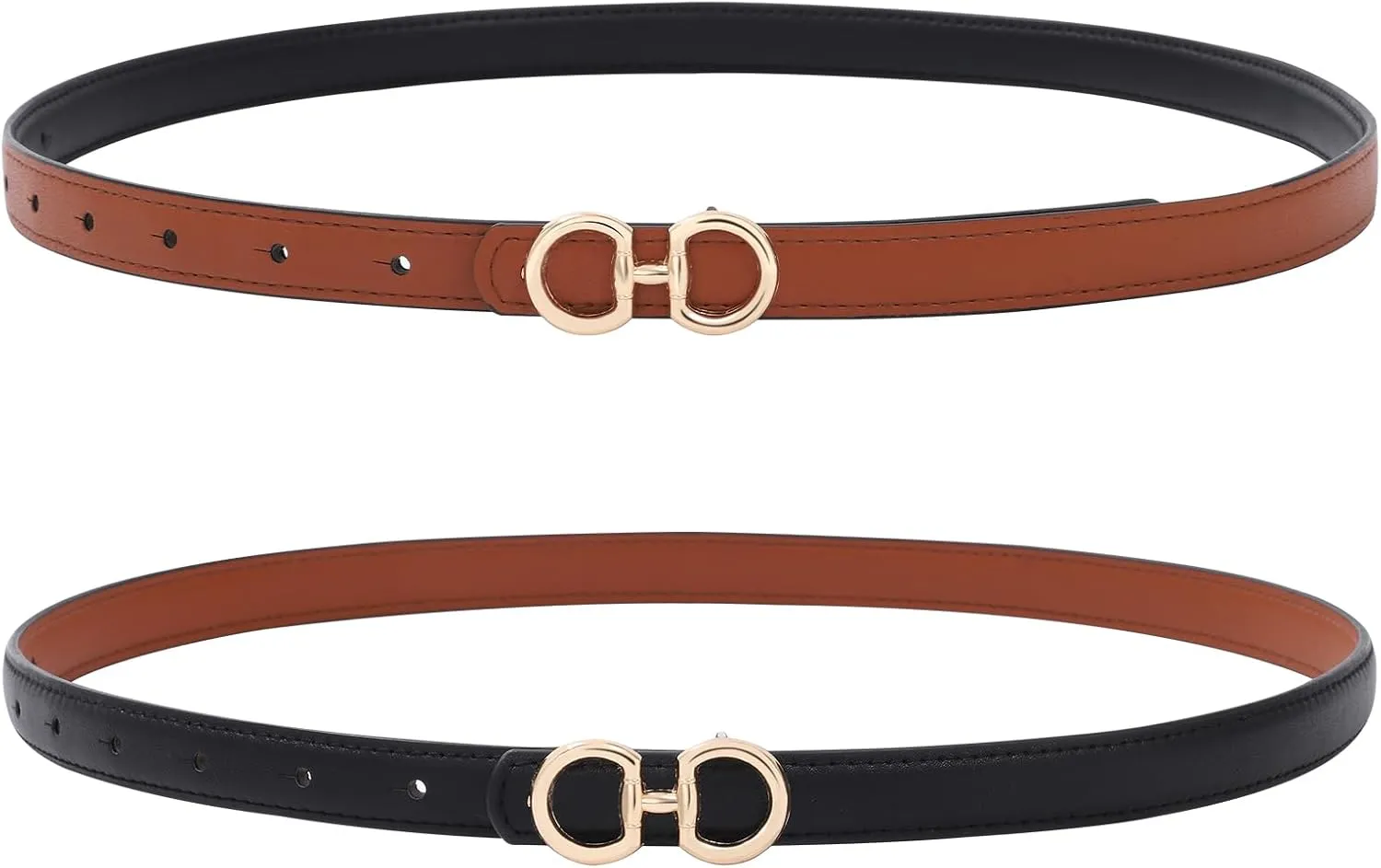 AWAYTR Womens Reversible Thin Belt - Skinny Waist Leather Belt for Ladies with Gold Buckle for Jeans Dress