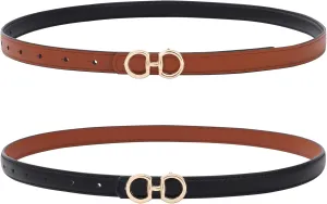 AWAYTR Womens Reversible Thin Belt - Skinny Waist Leather Belt for Ladies with Gold Buckle for Jeans Dress