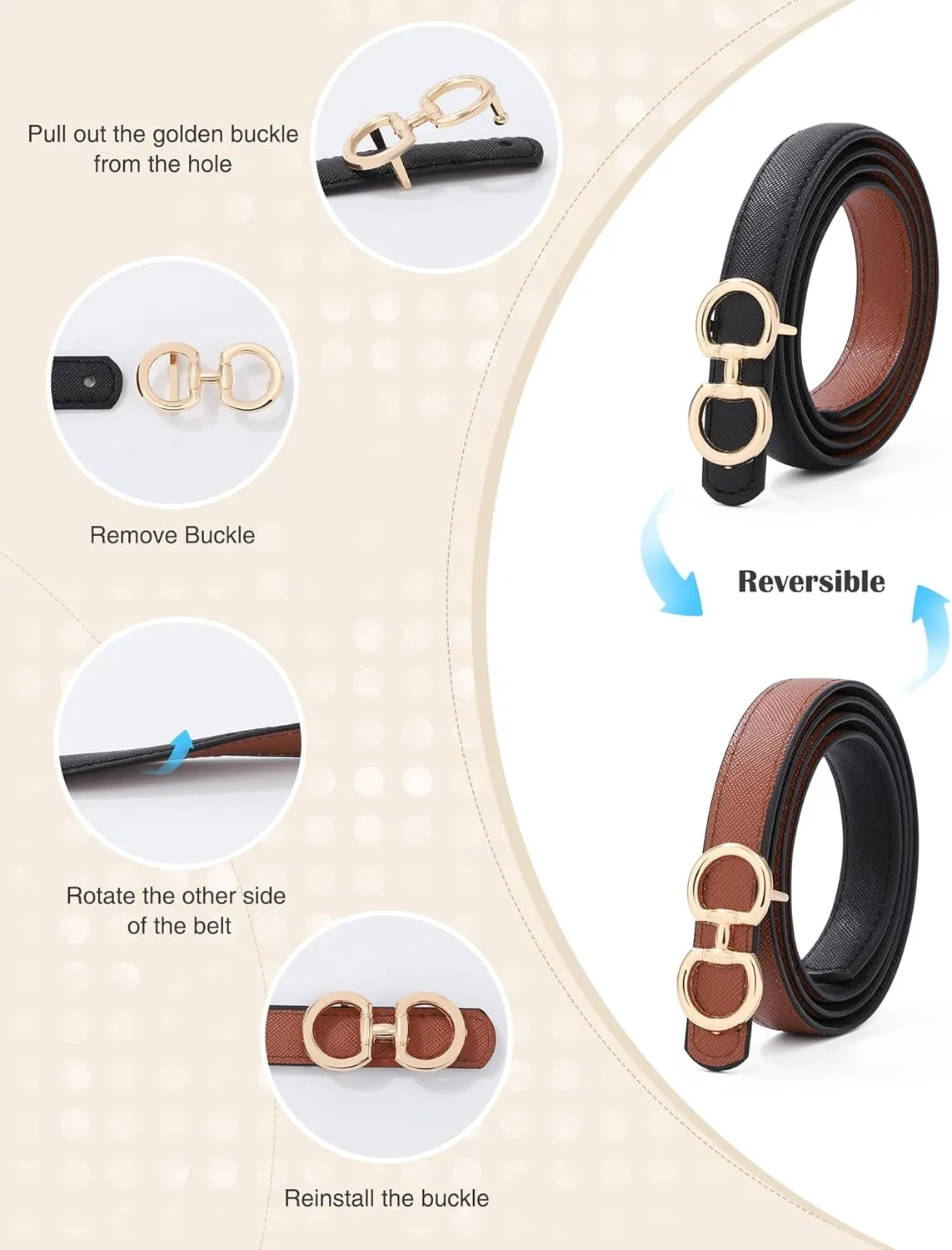 AWAYTR Womens Reversible Thin Belt - Skinny Waist Leather Belt for Ladies with Gold Buckle for Jeans Dress