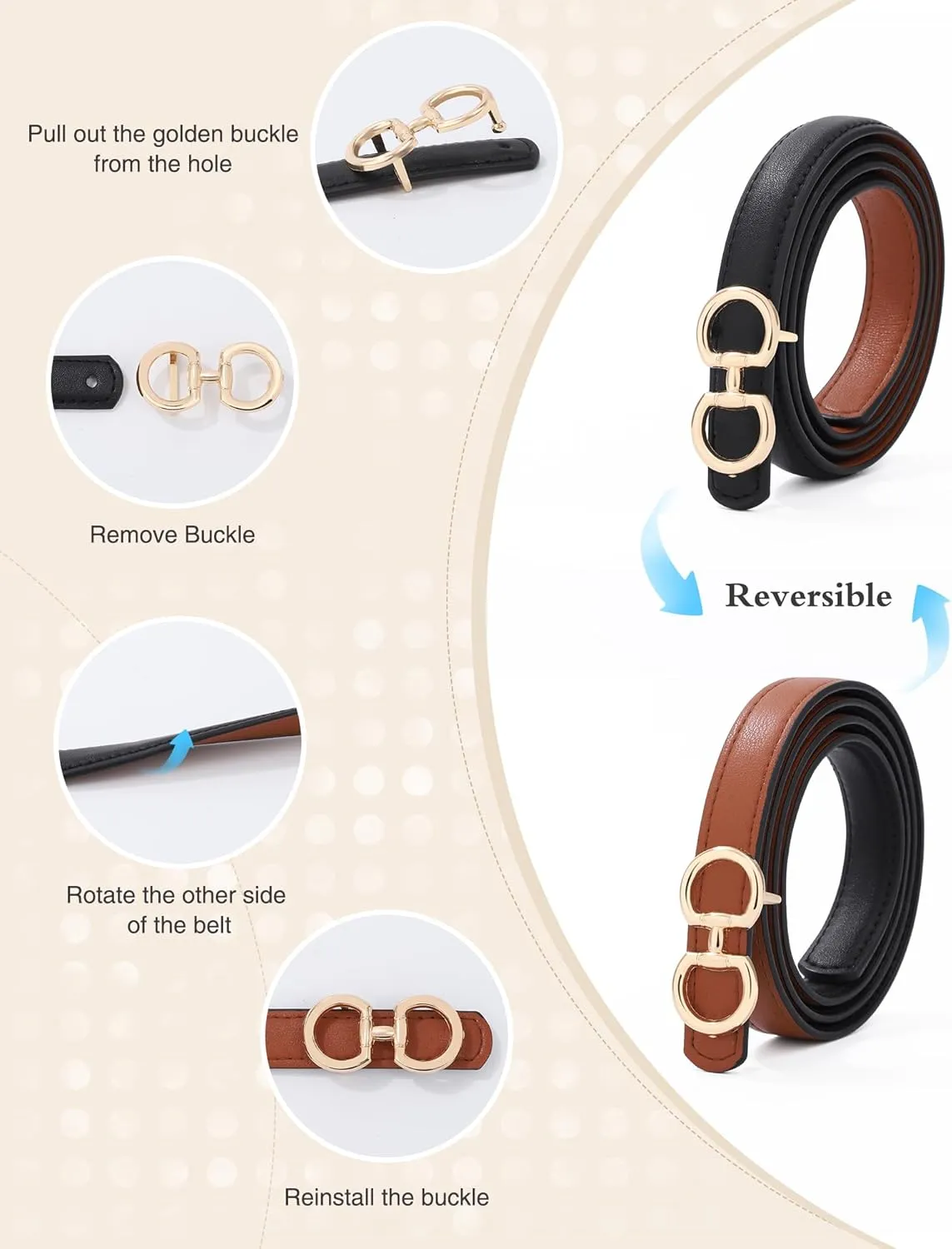 AWAYTR Womens Reversible Thin Belt - Skinny Waist Leather Belt for Ladies with Gold Buckle for Jeans Dress
