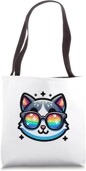 Awesome Rainbow Kitten Sunglasses Head Cute Cat Tote Bag