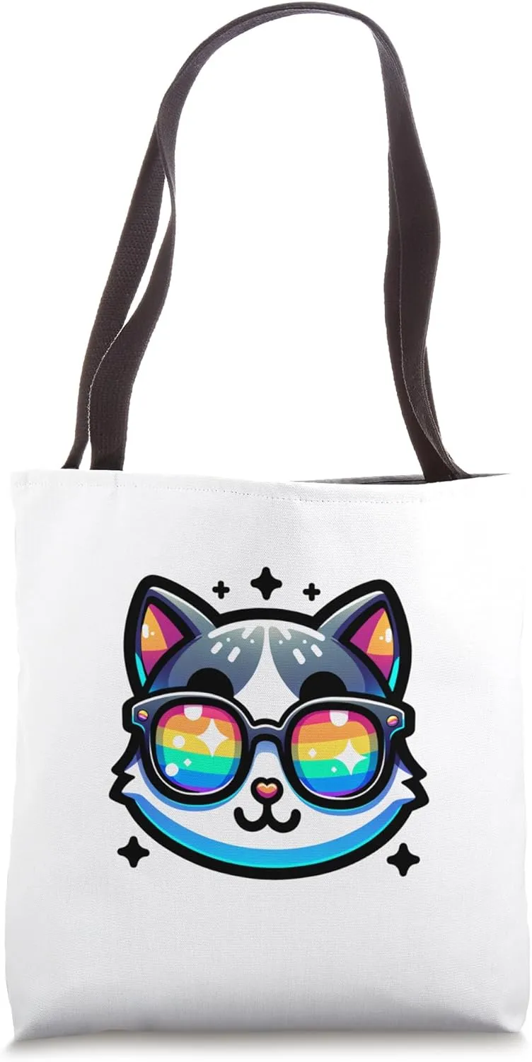 Awesome Rainbow Kitten Sunglasses Head Cute Cat Tote Bag