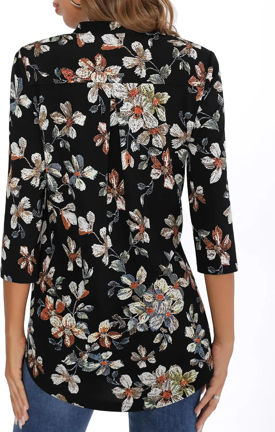 BAISHENGGT Womens 3/4 Sleeve Floral Printed Notch V Neck Blouses Tunics Tops
