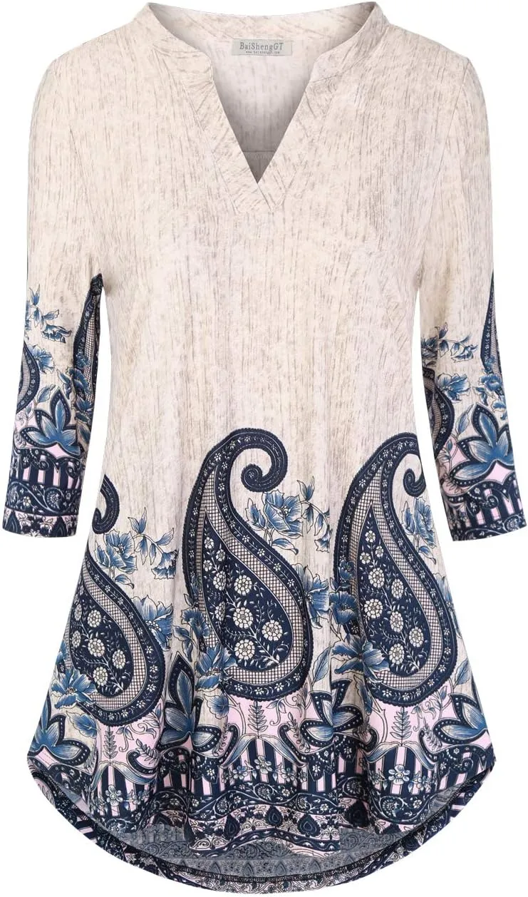 BAISHENGGT Womens 3/4 Sleeve Floral Printed Notch V Neck Blouses Tunics Tops