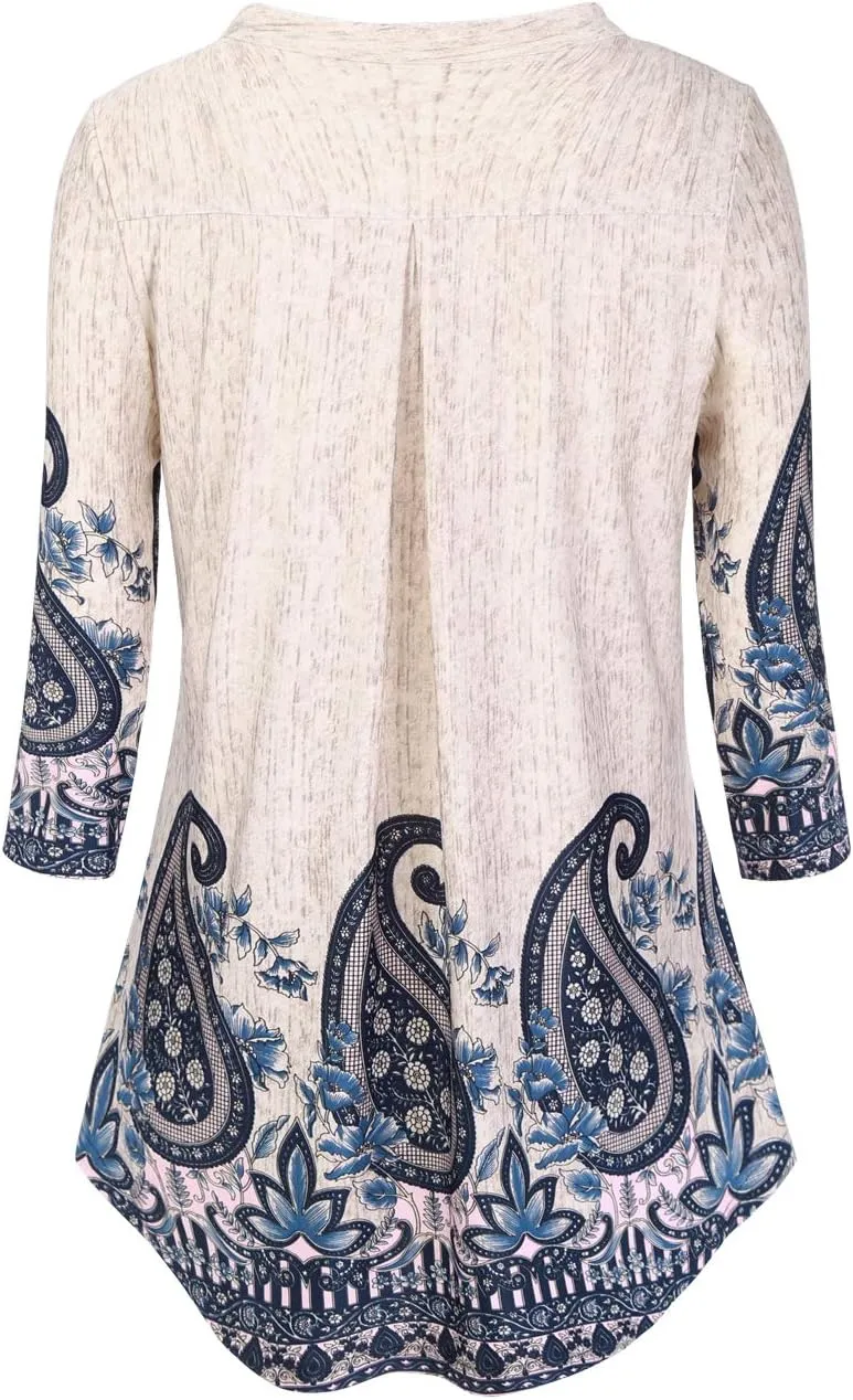 BAISHENGGT Womens 3/4 Sleeve Floral Printed Notch V Neck Blouses Tunics Tops