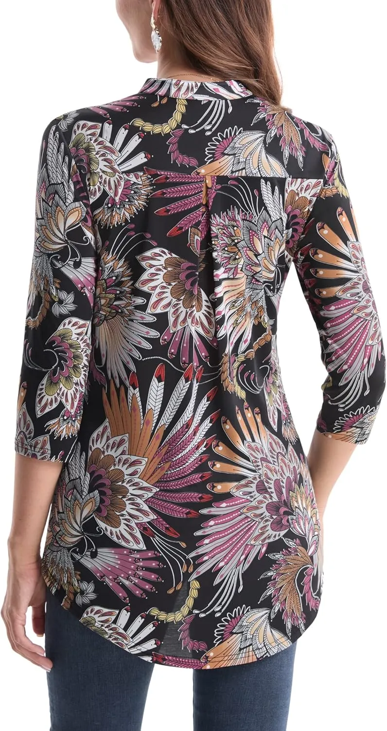 BAISHENGGT Womens 3/4 Sleeve Floral Printed Notch V Neck Blouses Tunics Tops