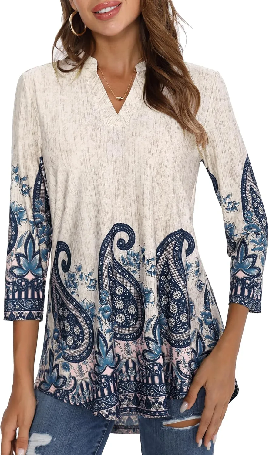 BAISHENGGT Womens 3/4 Sleeve Floral Printed Notch V Neck Blouses Tunics Tops