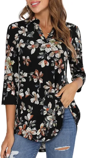 BAISHENGGT Womens 3/4 Sleeve Floral Printed Notch V Neck Blouses Tunics Tops