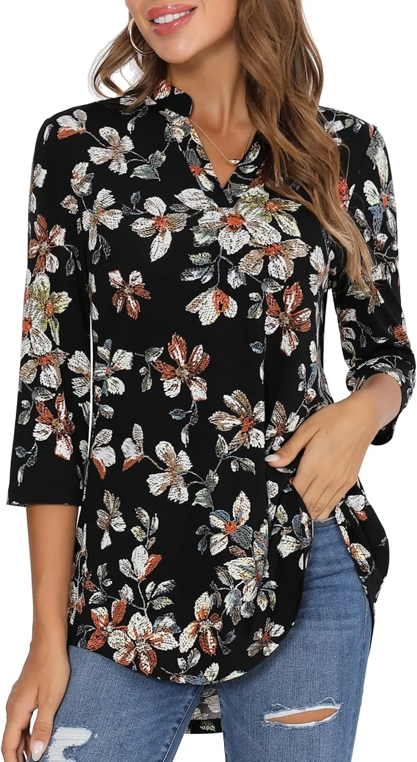 BAISHENGGT Womens 3/4 Sleeve Floral Printed Notch V Neck Blouses Tunics Tops