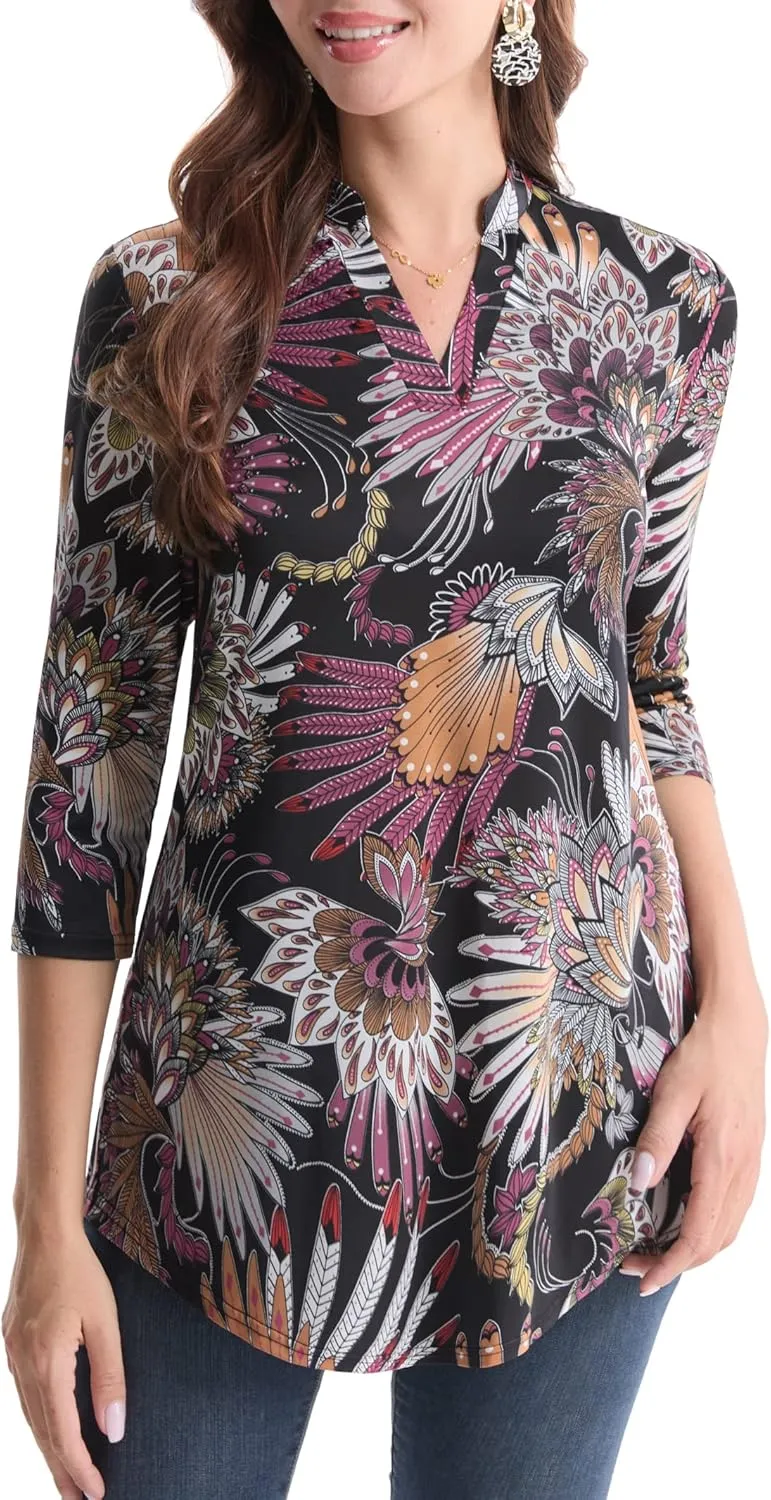 BAISHENGGT Womens 3/4 Sleeve Floral Printed Notch V Neck Blouses Tunics Tops
