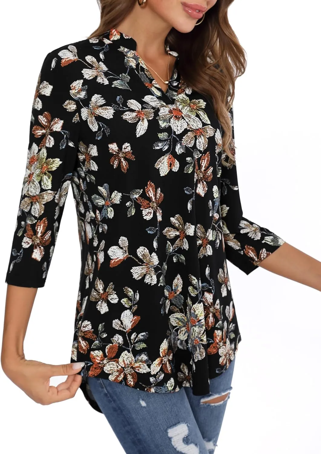 BAISHENGGT Womens 3/4 Sleeve Floral Printed Notch V Neck Blouses Tunics Tops