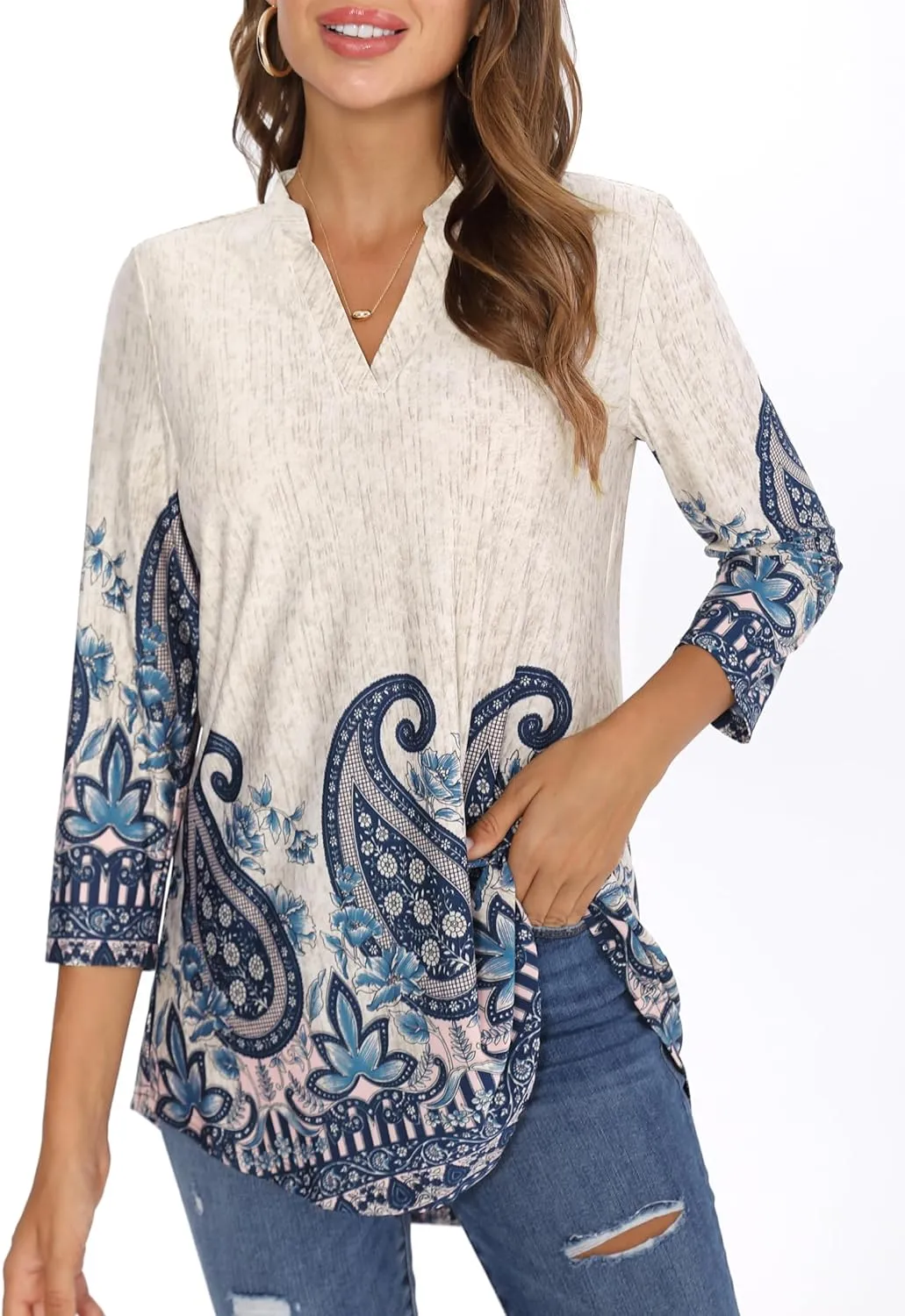 BAISHENGGT Womens 3/4 Sleeve Floral Printed Notch V Neck Blouses Tunics Tops