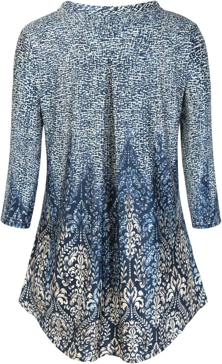 BAISHENGGT Womens 3/4 Sleeve Floral Printed Notch V Neck Blouses Tunics Tops