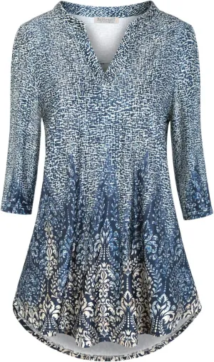 BAISHENGGT Womens 3/4 Sleeve Floral Printed Notch V Neck Blouses Tunics Tops