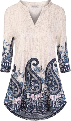 BAISHENGGT Womens 3/4 Sleeve Floral Printed Notch V Neck Blouses Tunics Tops