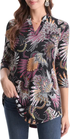 BAISHENGGT Womens 3/4 Sleeve Floral Printed Notch V Neck Blouses Tunics Tops