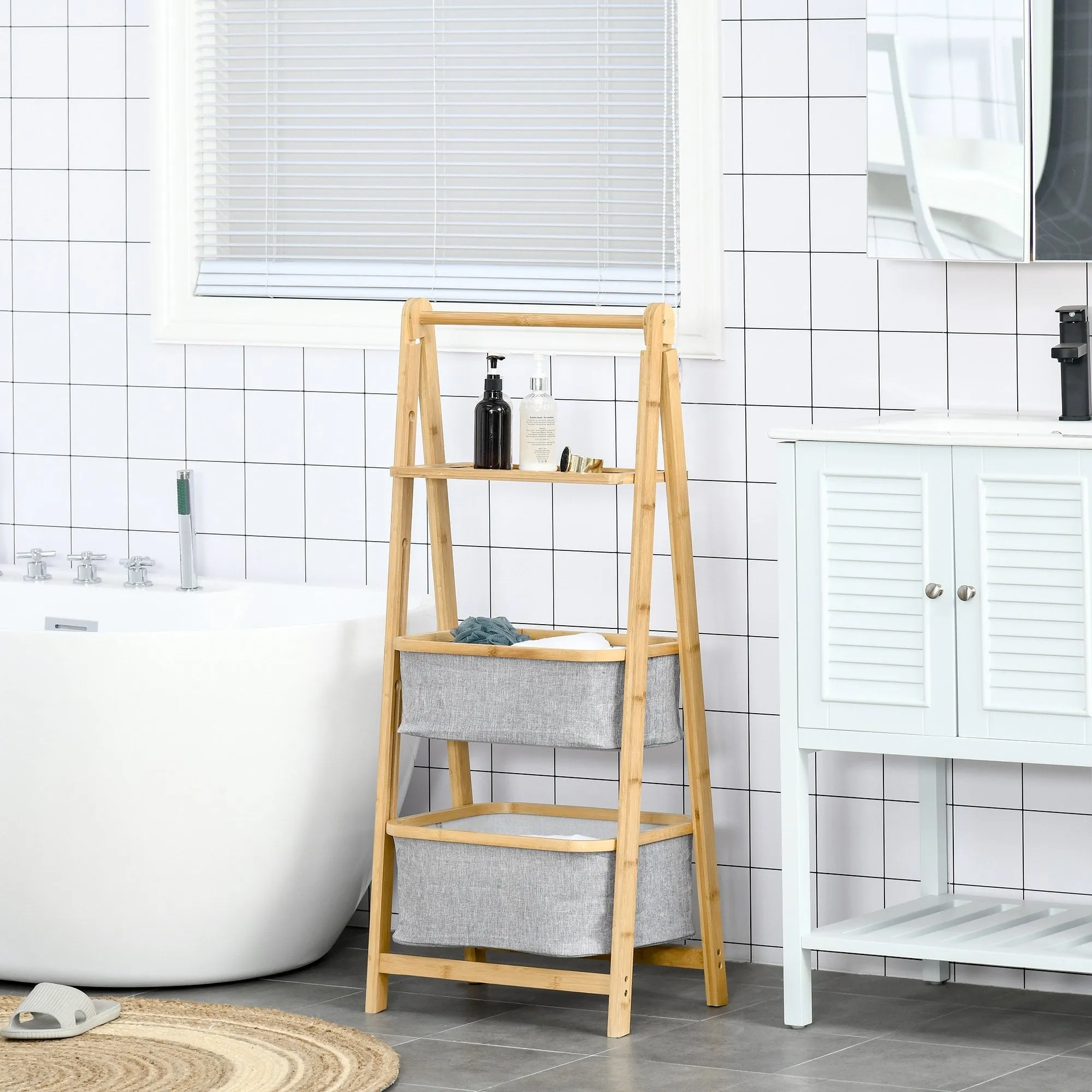 Bamboo Foldable Ladder Storage Shelf 3-Tier Organizer Shelves