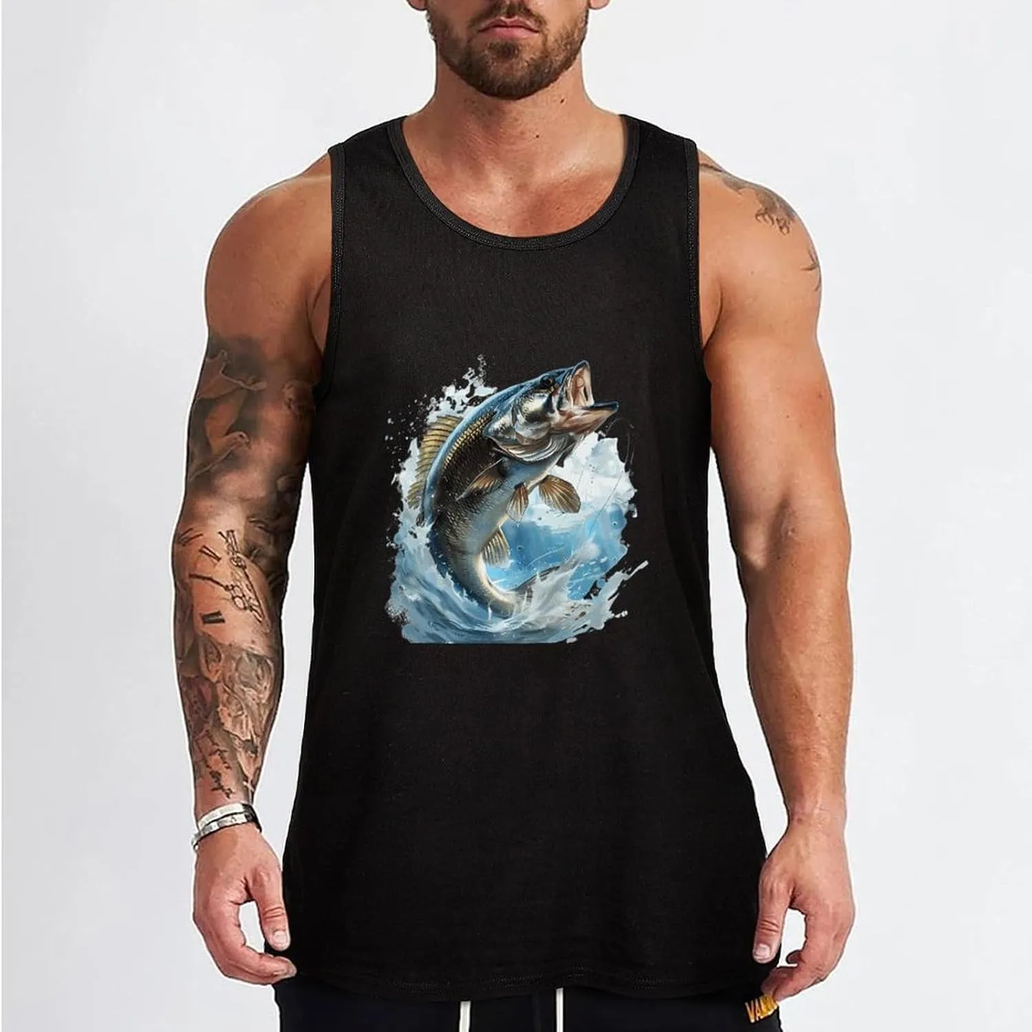 Bass Fishing Mens Tank Top Cotton Undershirt Crewneck Sleeveless Shirt for Summer