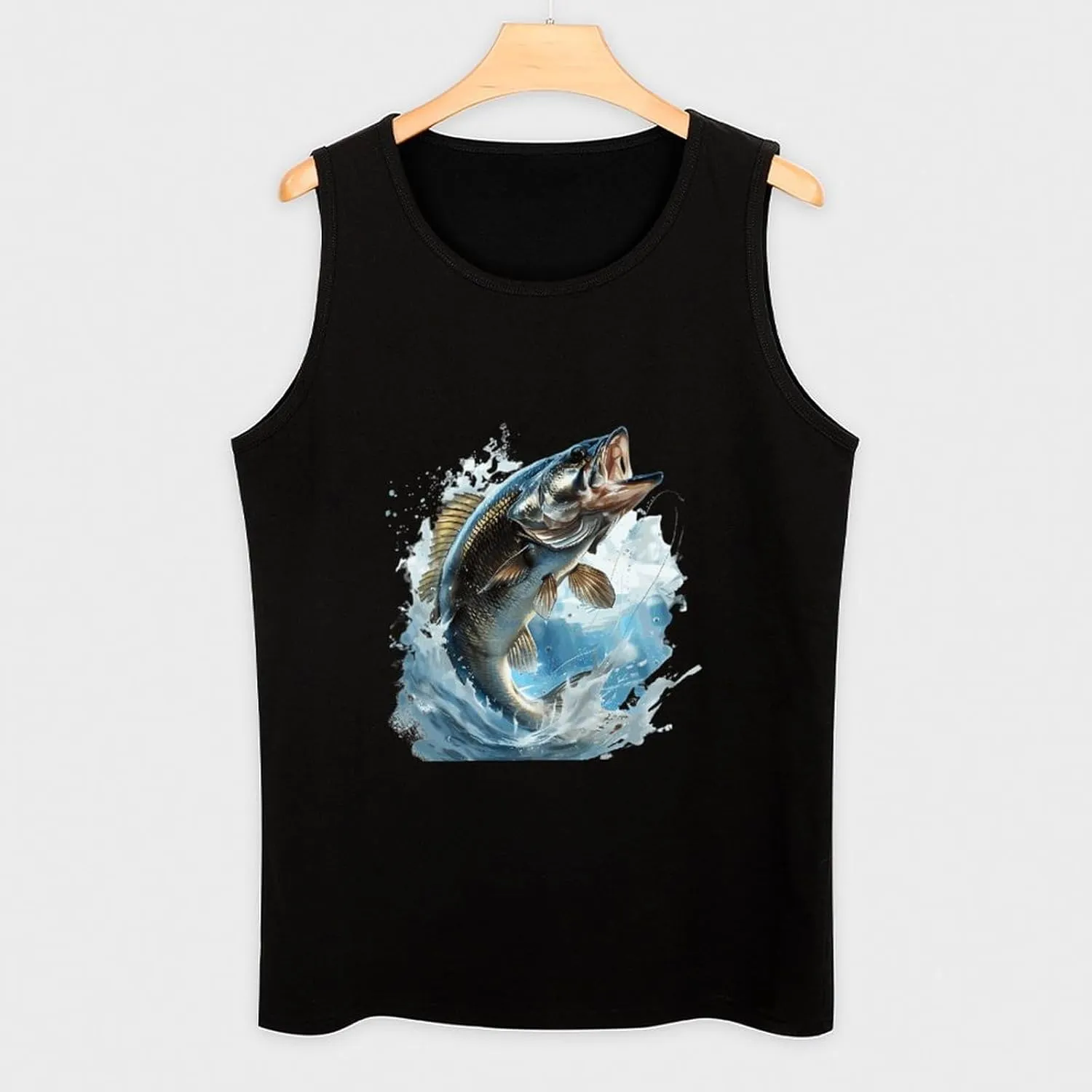 Bass Fishing Mens Tank Top Cotton Undershirt Crewneck Sleeveless Shirt for Summer