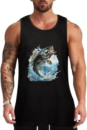 Bass Fishing Mens Tank Top Cotton Undershirt Crewneck Sleeveless Shirt for Summer