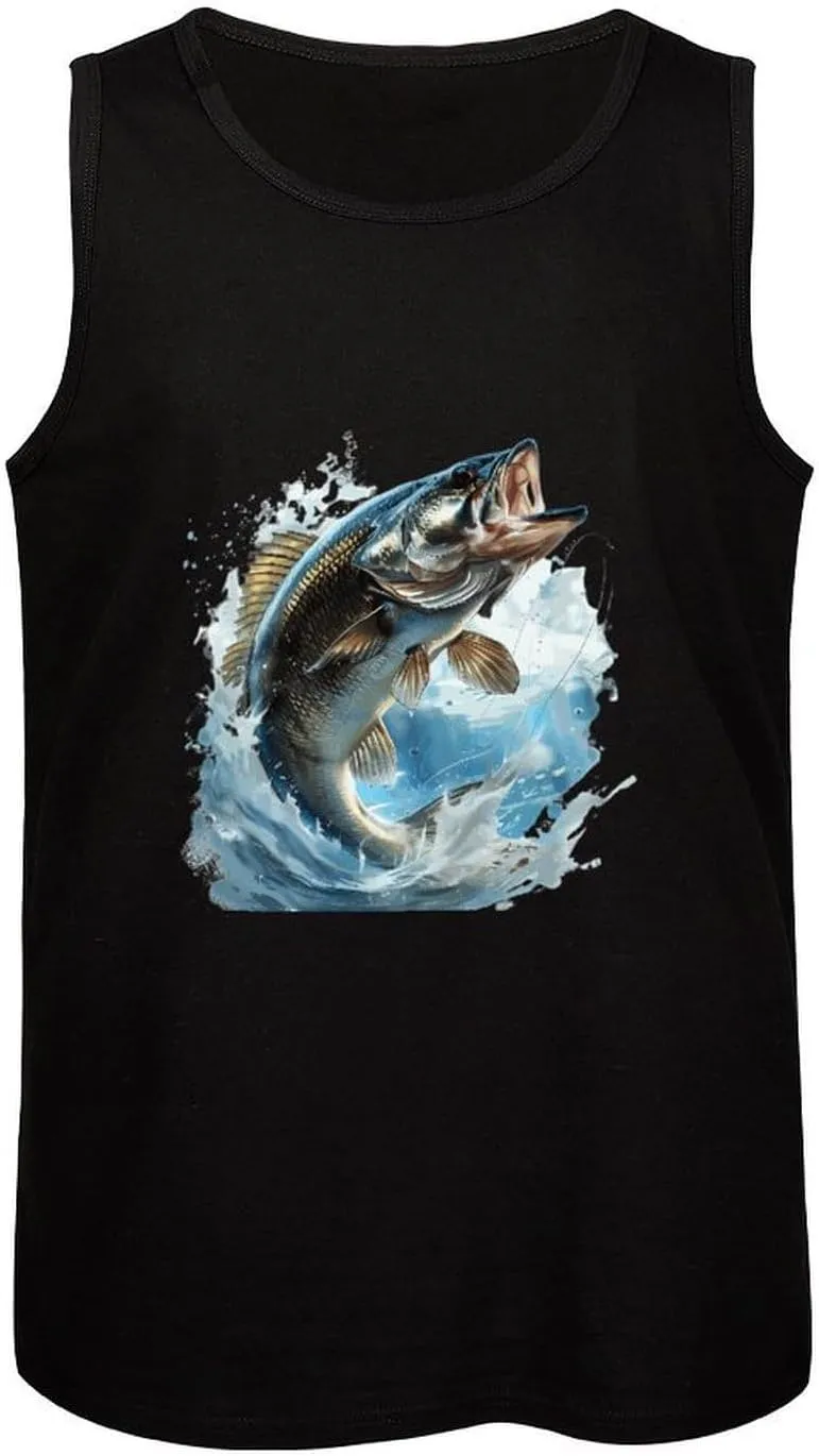 Bass Fishing Mens Tank Top Cotton Undershirt Crewneck Sleeveless Shirt for Summer