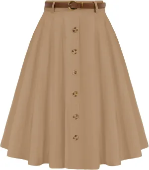 Belle Poque Women's A Line Flared Midi Skirt Vintage Stretch High Waisted Button Down Swing Skirt with Pockets and Belts