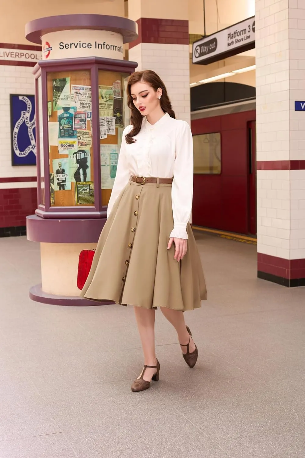 Belle Poque Women's A Line Flared Midi Skirt Vintage Stretch High Waisted Button Down Swing Skirt with Pockets and Belts