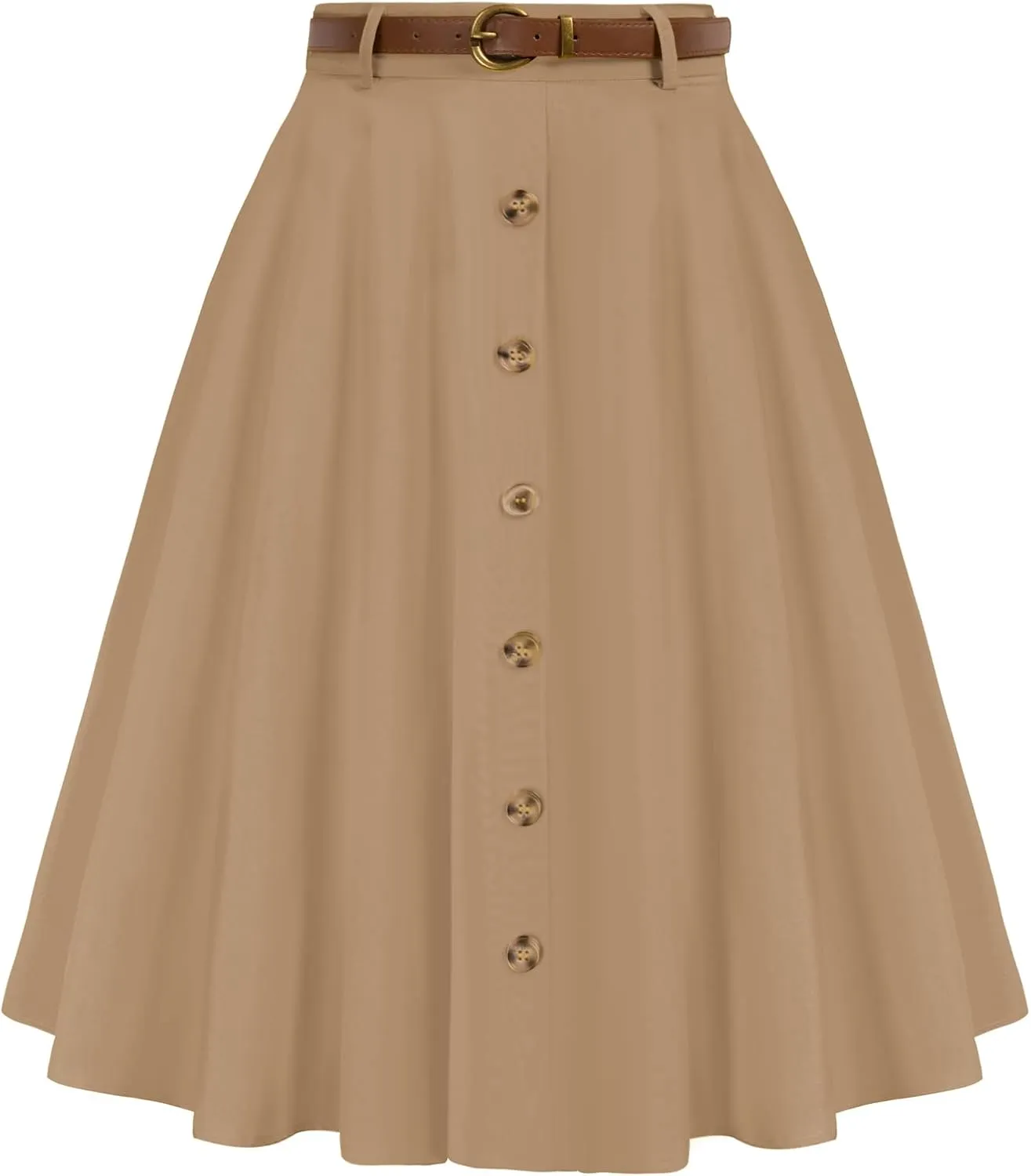 Belle Poque Women's A Line Flared Midi Skirt Vintage Stretch High Waisted Button Down Swing Skirt with Pockets and Belts