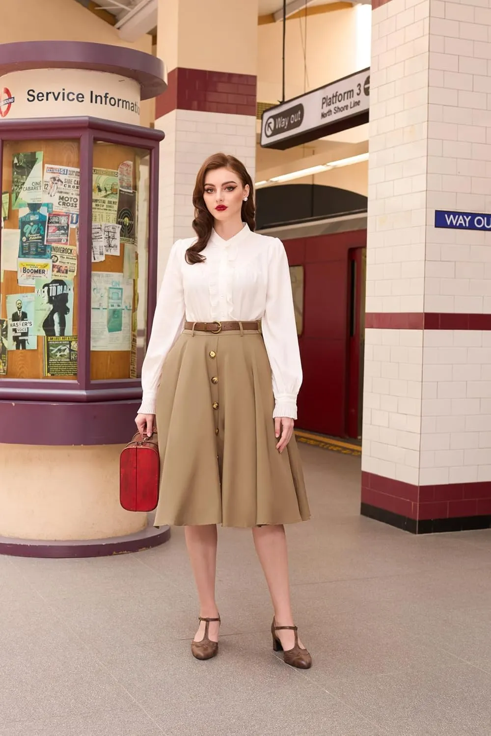 Belle Poque Women's A Line Flared Midi Skirt Vintage Stretch High Waisted Button Down Swing Skirt with Pockets and Belts