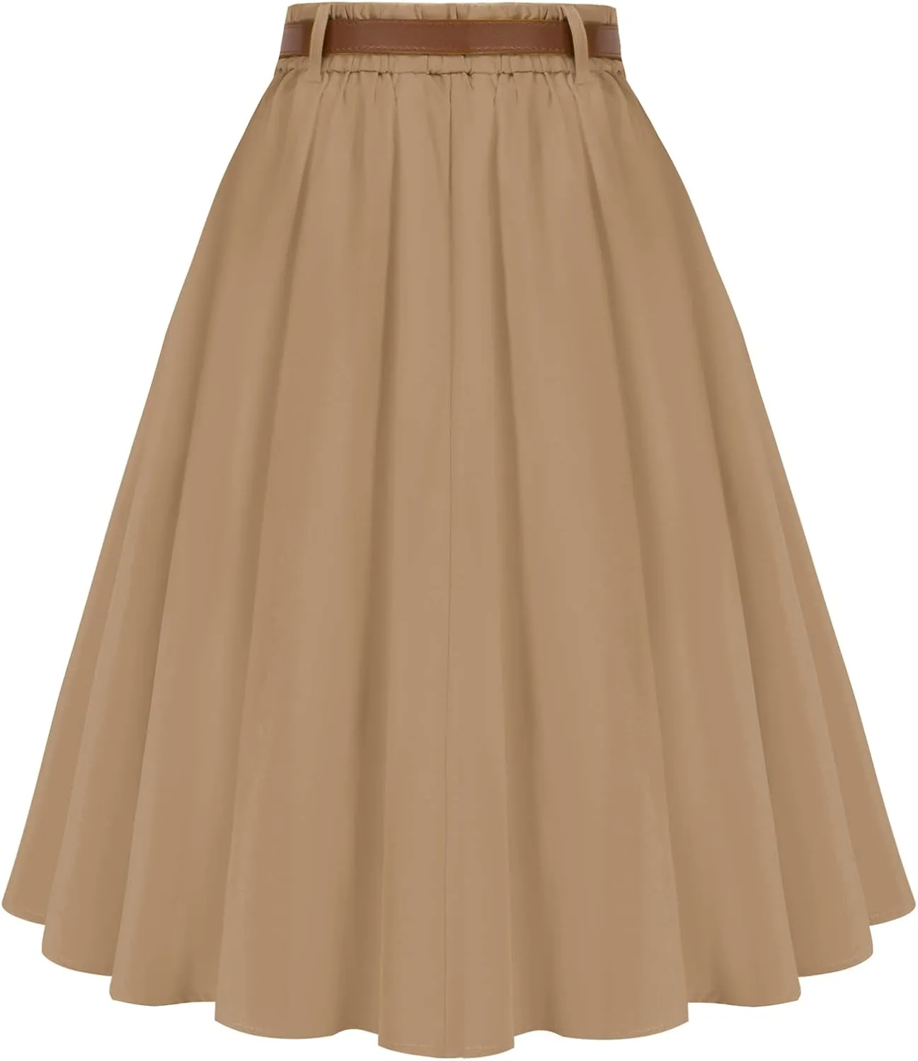 Belle Poque Women's A Line Flared Midi Skirt Vintage Stretch High Waisted Button Down Swing Skirt with Pockets and Belts